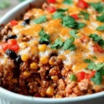Cheesy Southwestern Ground Turkey Casserole on a plate with toppings