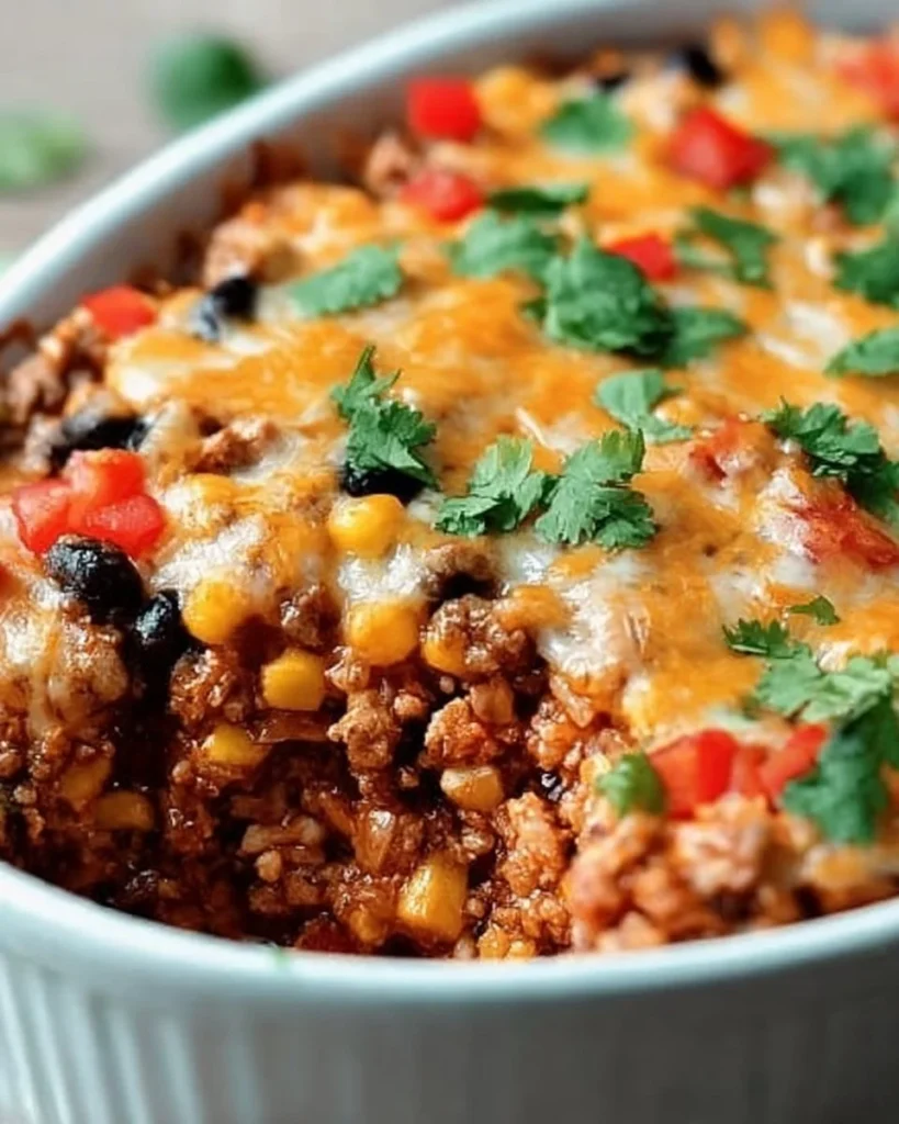 Cheesy Southwestern Ground Turkey Casserole on a plate with toppings