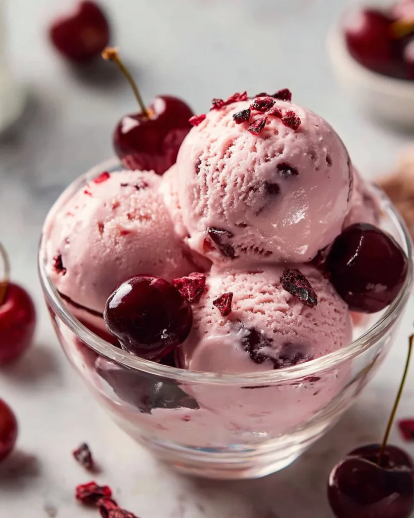 Delicious Cherry Greek Frozen Yogurt in a bowl with cherries on top
