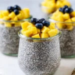 Delicious chia seed pudding topped with fresh fruits and nuts