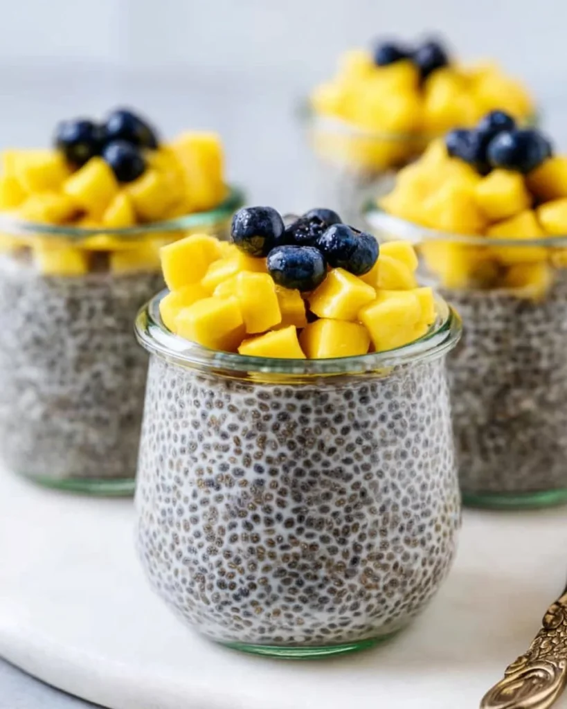 Delicious chia seed pudding topped with fresh fruits and nuts