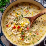 Delicious bowl of Chicken Corn Chowder topped with fresh herbs and served warm.