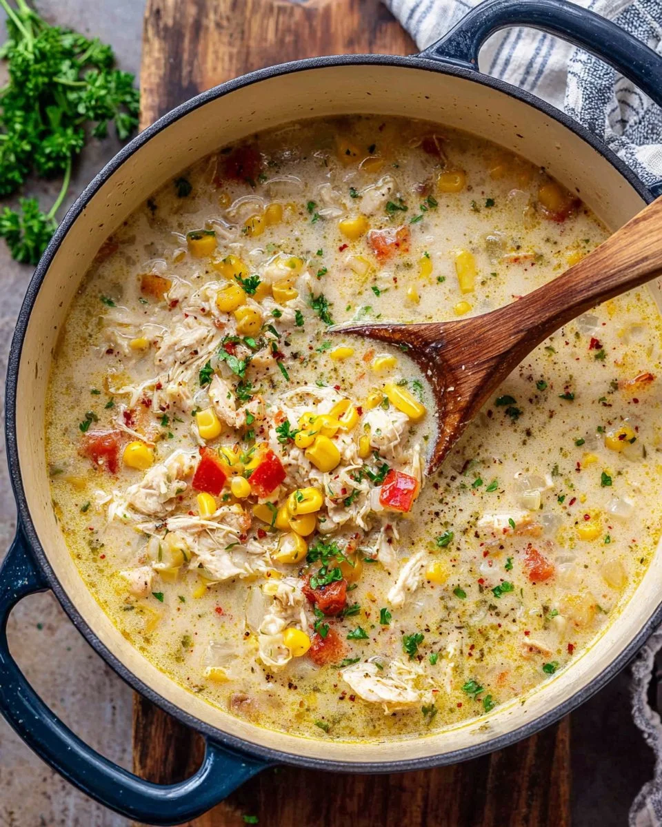 Delicious bowl of Chicken Corn Chowder topped with fresh herbs and served warm.