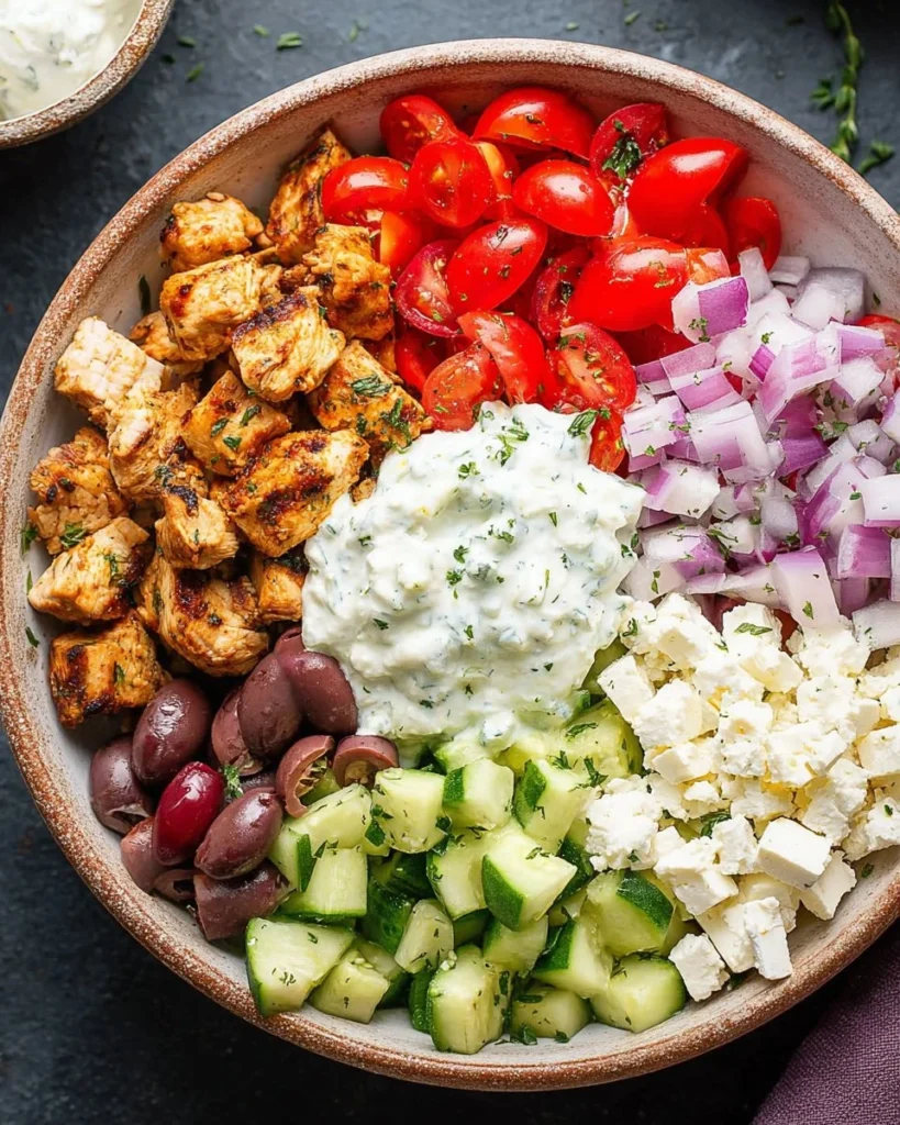 Delicious chicken gyro bowl filled with fresh vegetables and savory chicken served in a bowl.
