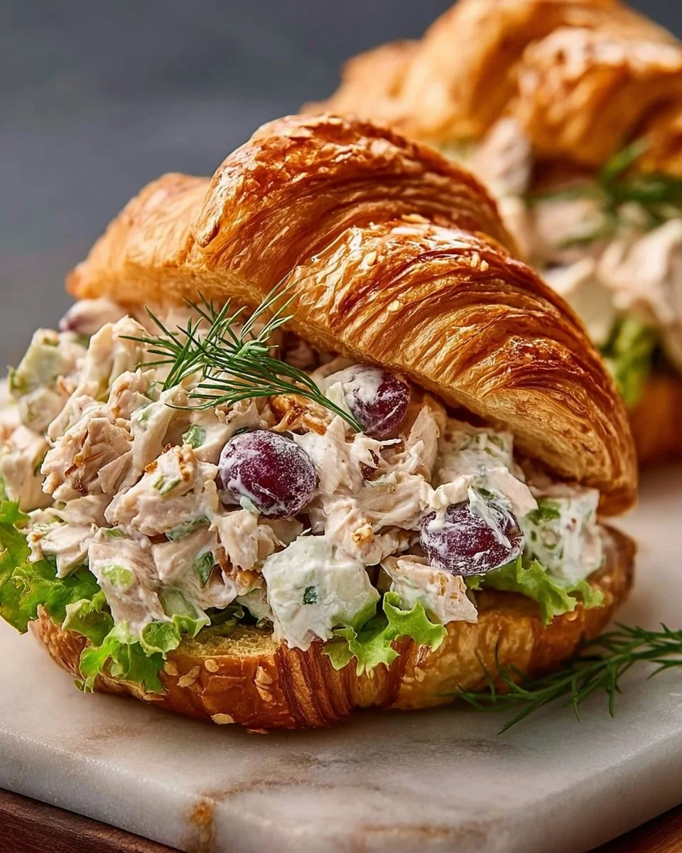 Chicken salad croissants filled with creamy chicken salad and fresh herbs