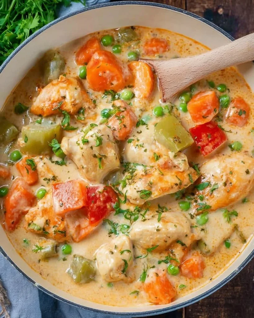 Bowl of hearty chicken stew with vegetables and herbs