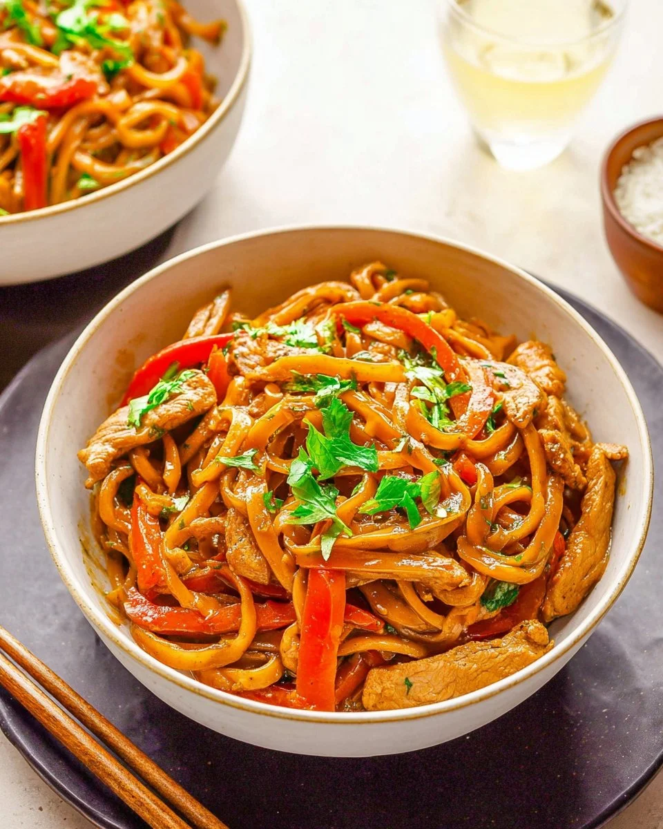 Chicken stir fry with noodles and colorful vegetables in a bowl