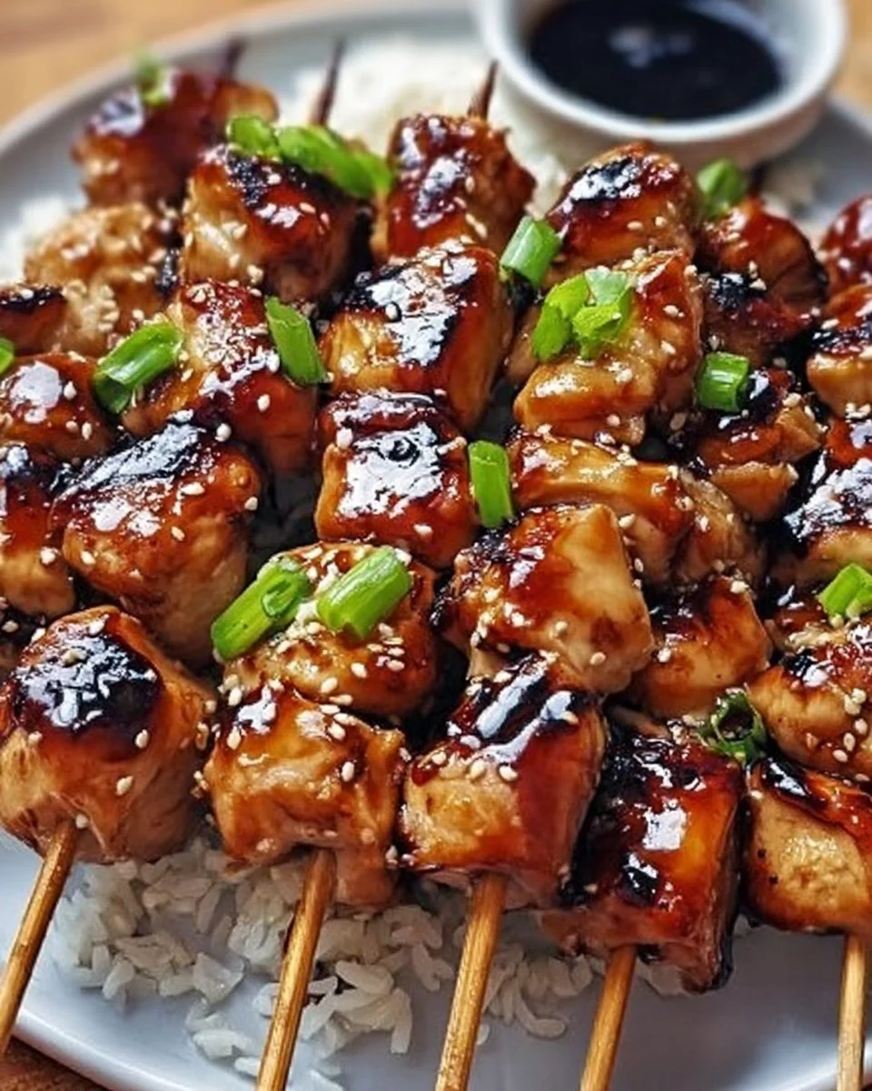 Chicken Teriyaki Skewers grilled and glazed with teriyaki sauce