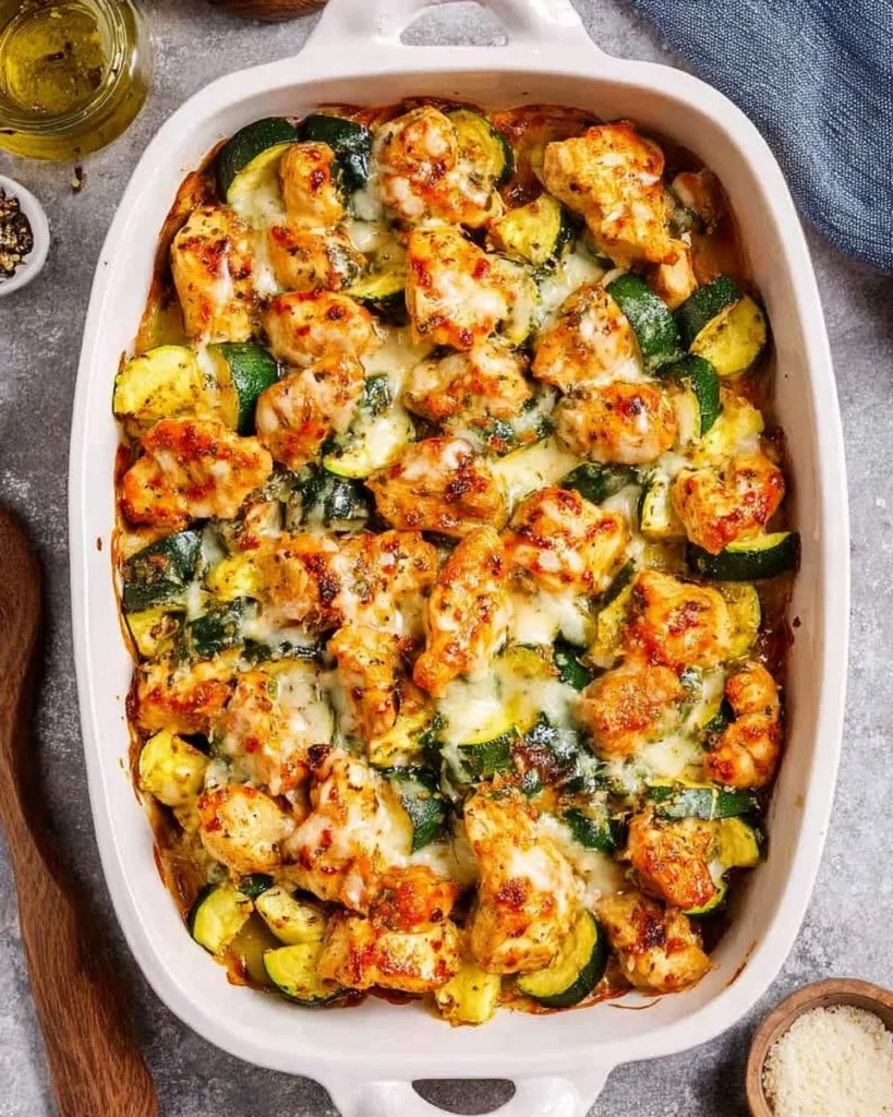 Baked Chicken Zucchini dish with cheese and herbs on a plate.