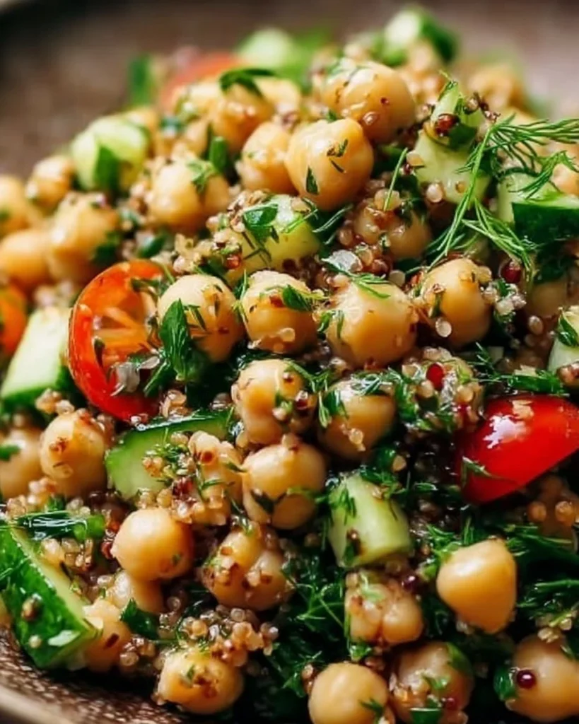 A vibrant Chickpea Herb Salad with fresh ingredients and herbs served in a bowl.