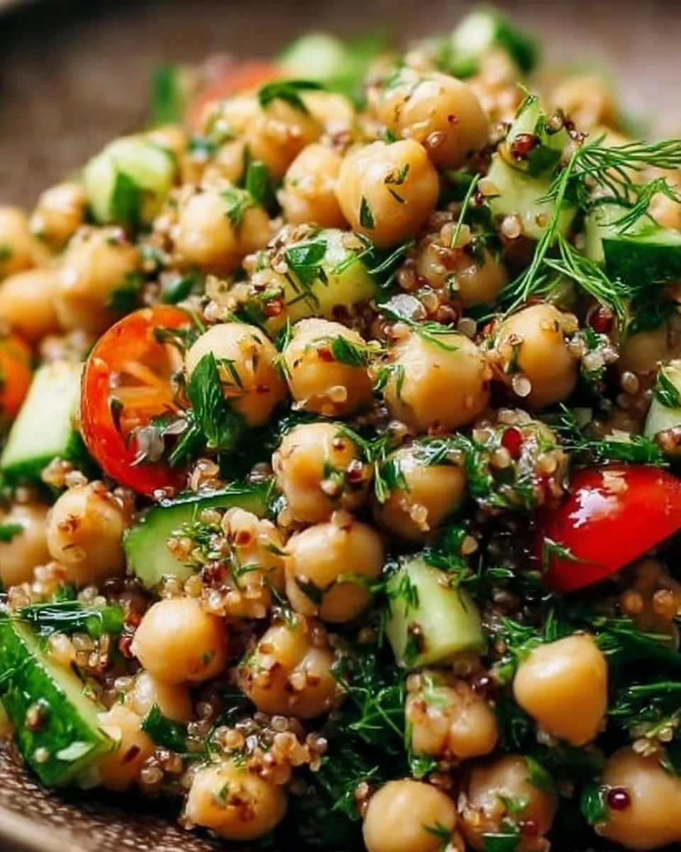A vibrant Chickpea Herb Salad with fresh ingredients and herbs served in a bowl.