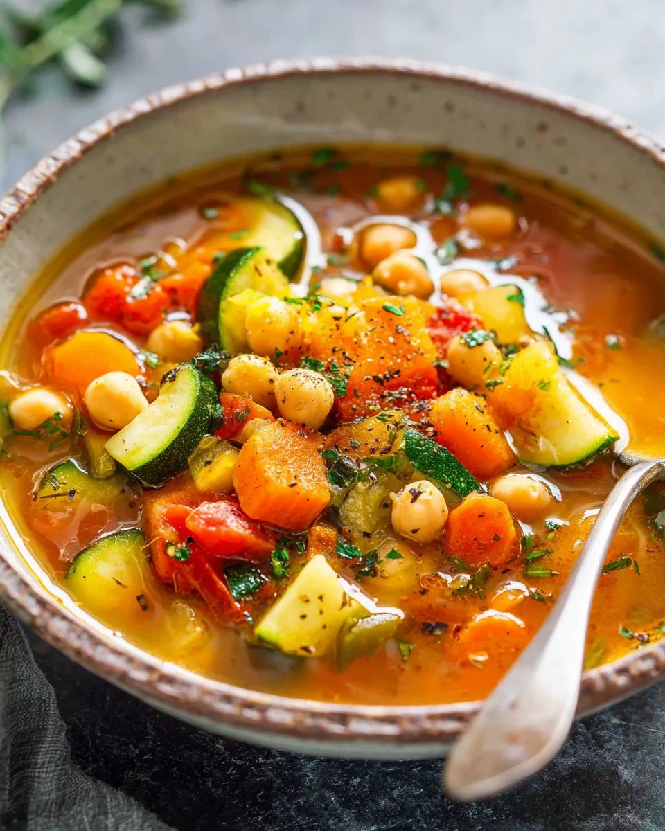 A bowl of delicious chickpea vegetable soup with fresh herbs and vegetables