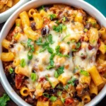 Delicious Chili Mac and Cheese served in a bowl with toppings