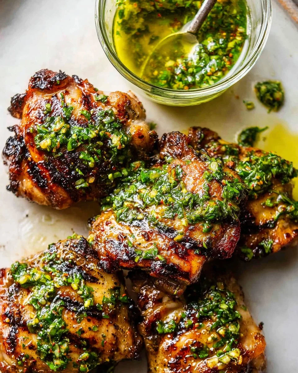 Juicy chimichurri chicken thighs garnished with fresh herbs and served on a plate