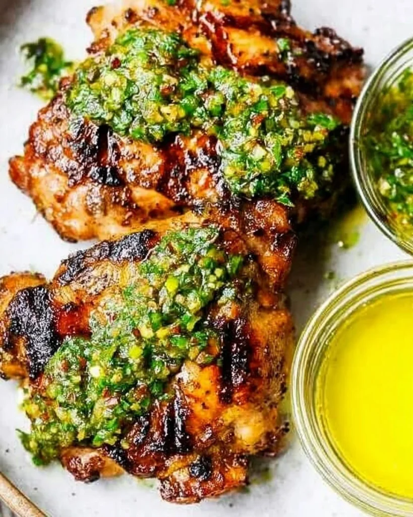 Grilled chimichurri chicken thighs garnished with fresh herbs and spices
