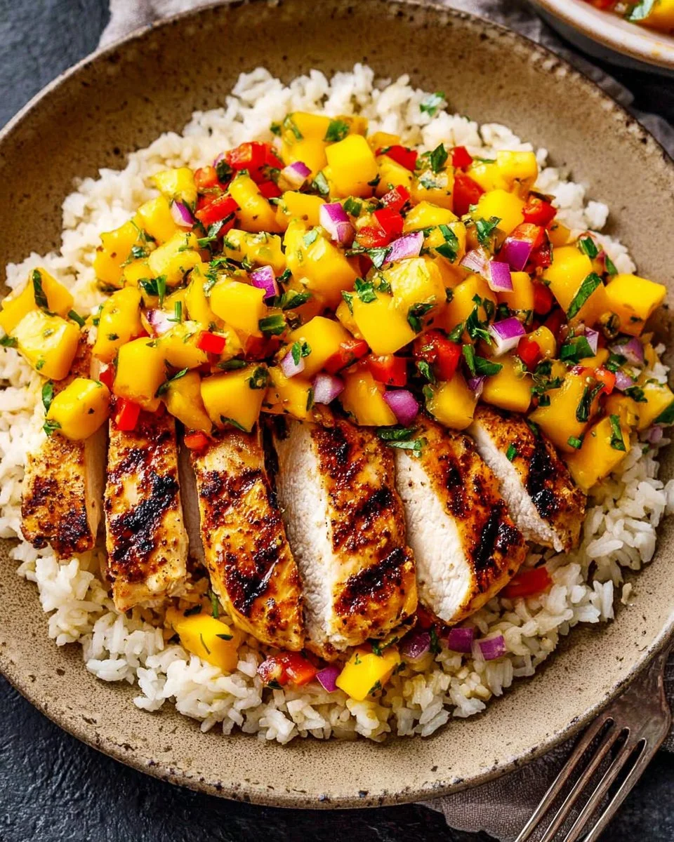 Chipotle Lime Grilled Chicken served with Mango Salsa on a plate