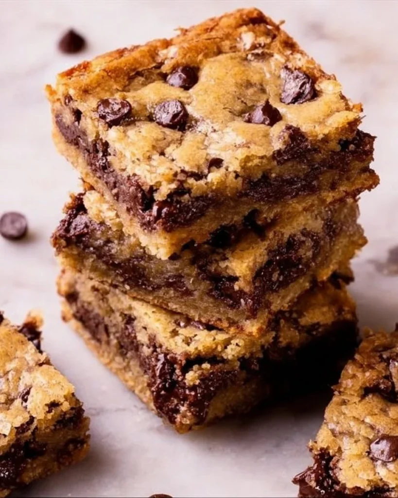 Delicious chocolate chip cookie bars stacked on a plate