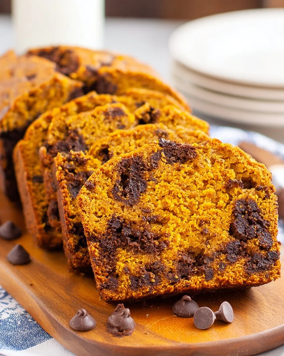 Sliced chocolate chip pumpkin bread on a wooden board with chocolate chunks