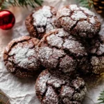 Delicious chocolate crinkle cookies with powdered sugar on a plate