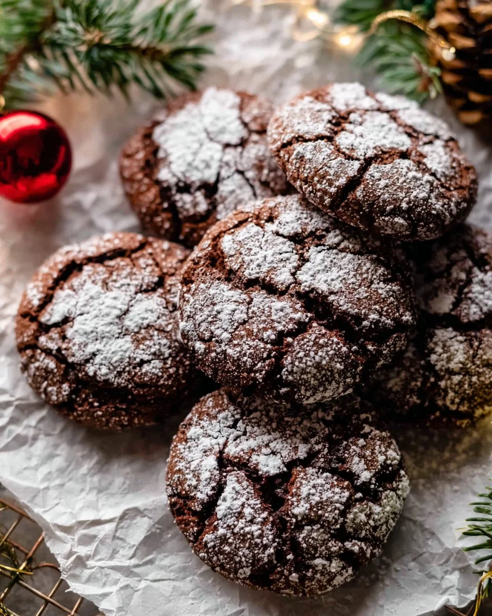 Delicious chocolate crinkle cookies with powdered sugar on a plate