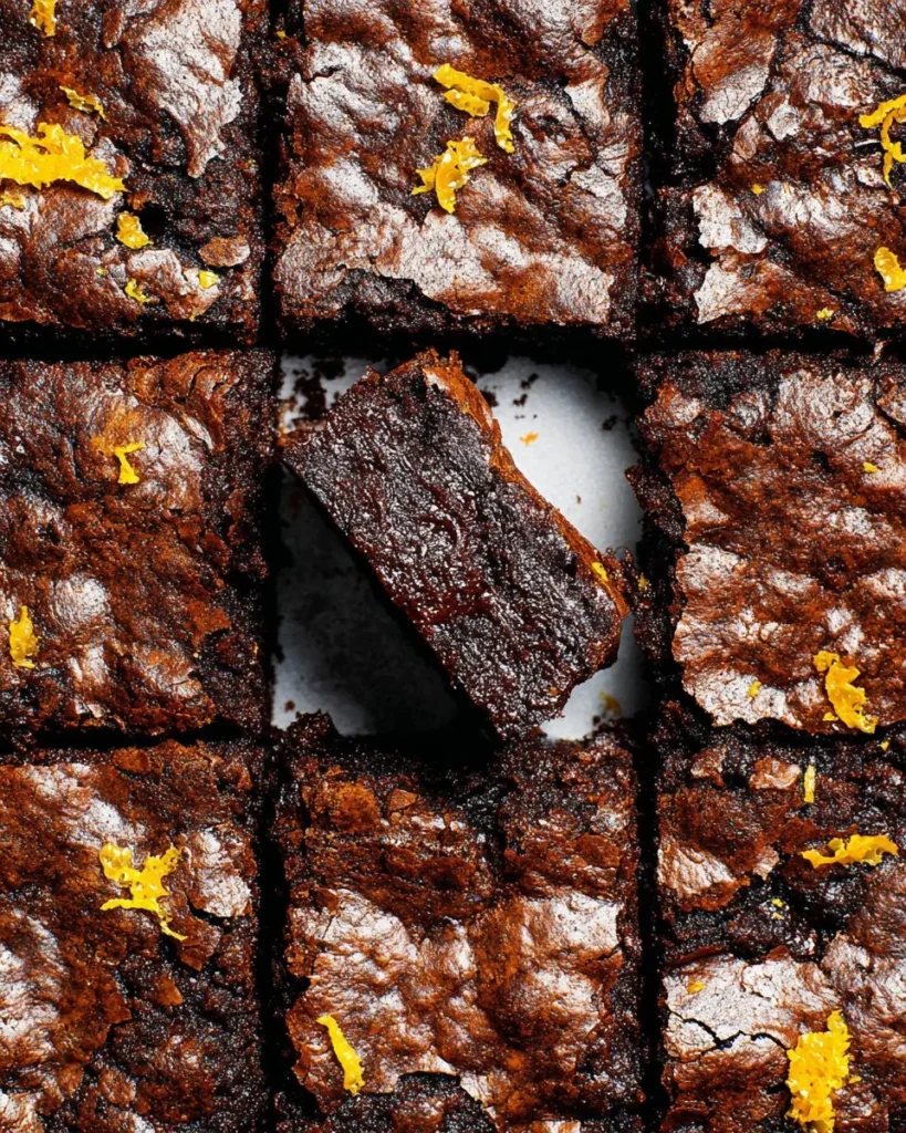 Delicious Chocolate Orange Brownies served on a plate, topped with chocolate zest.