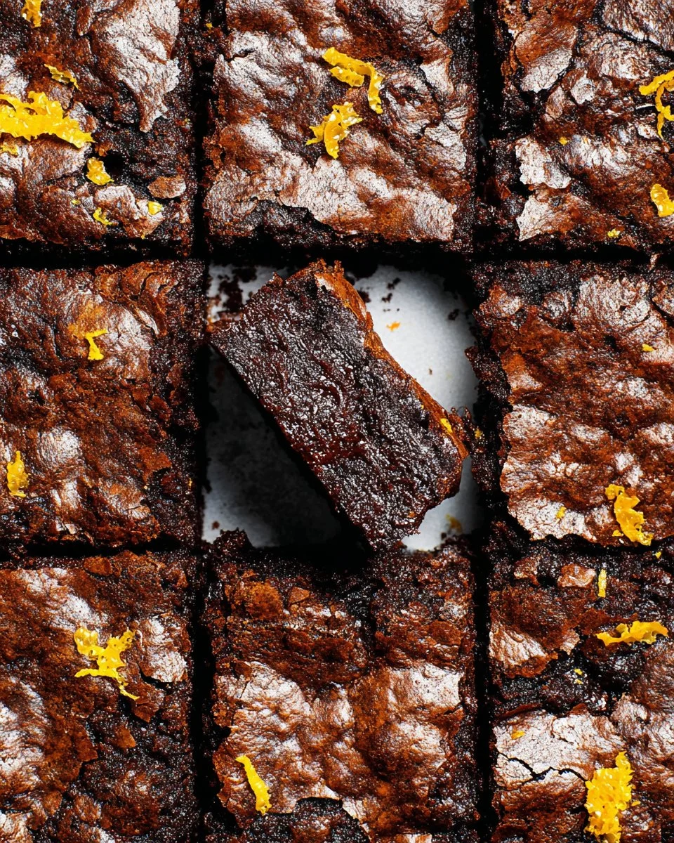 Delicious Chocolate Orange Brownies served on a plate, topped with chocolate zest.
