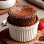 Decadent Chocolate Soufflé served in a ramekin, topped with powdered sugar