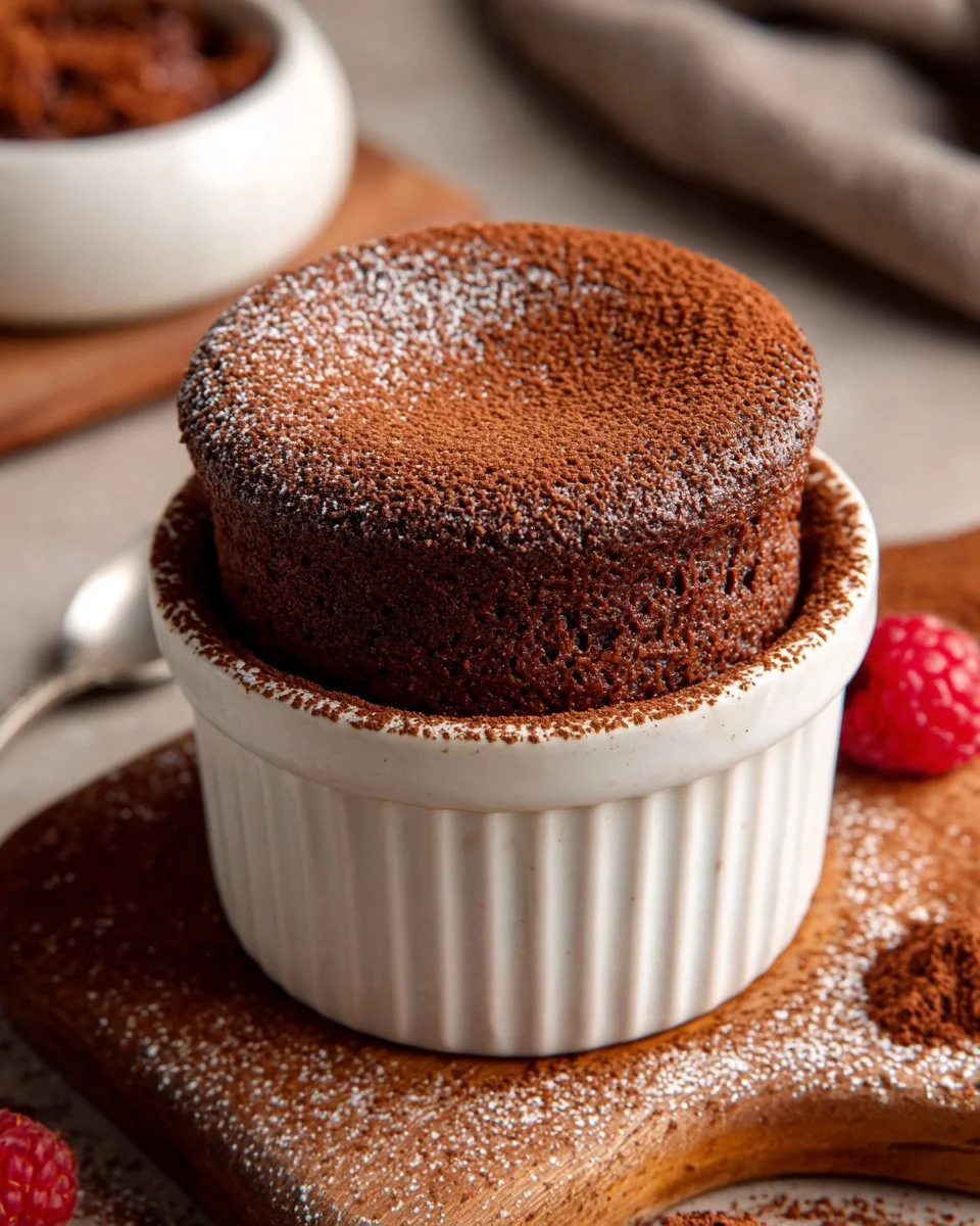 Decadent Chocolate Soufflé served in a ramekin, topped with powdered sugar