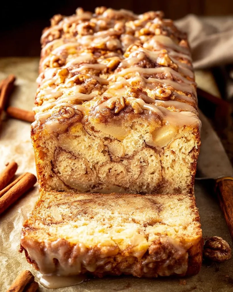 Freshly baked Cinnamon Apple Bread with a swirl of cinnamon and chunks of apple
