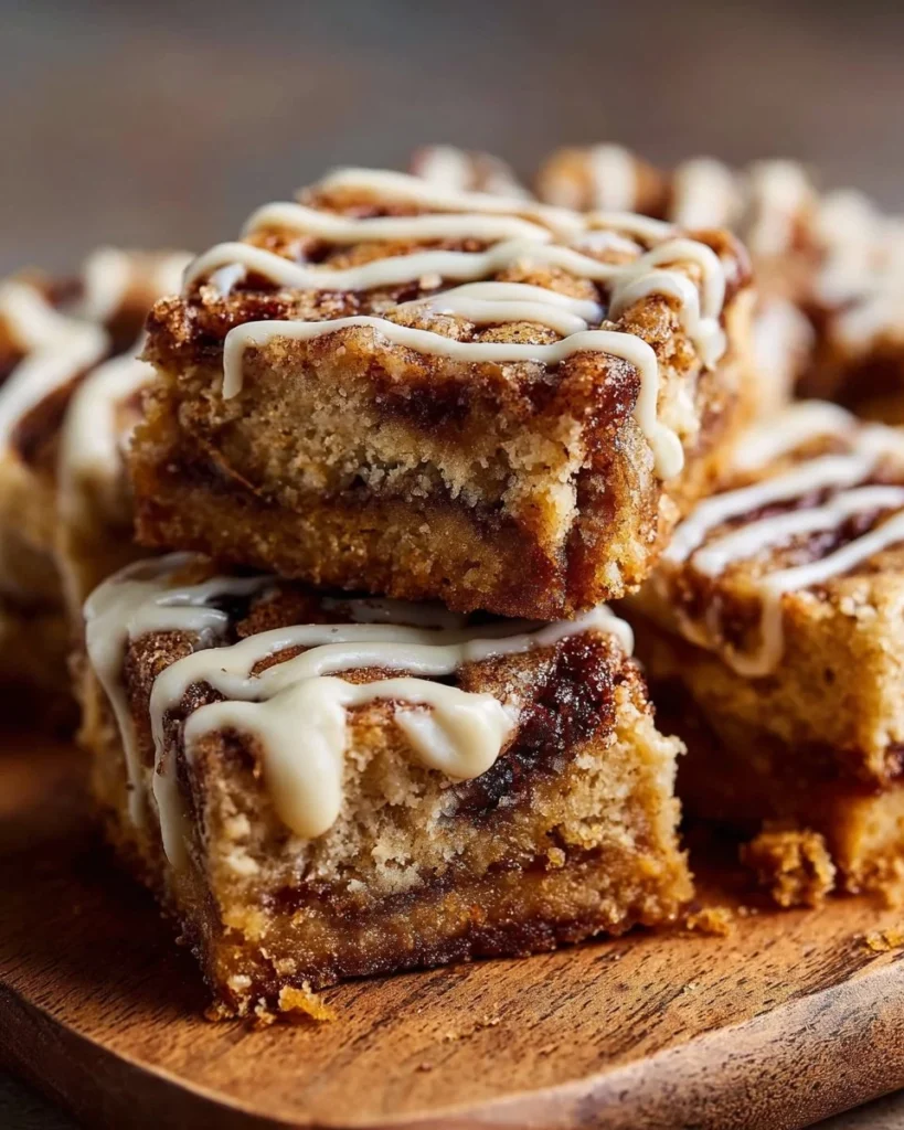 Cinnamon Roll Bliss Bars topped with icing on a plate, showcasing delicious dessert