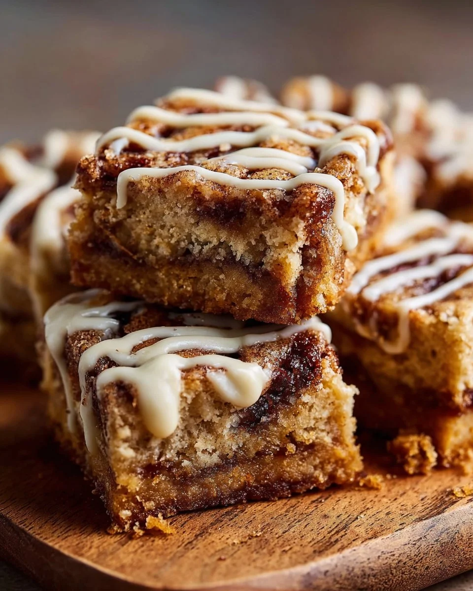 Cinnamon Roll Bliss Bars topped with icing on a plate, showcasing delicious dessert