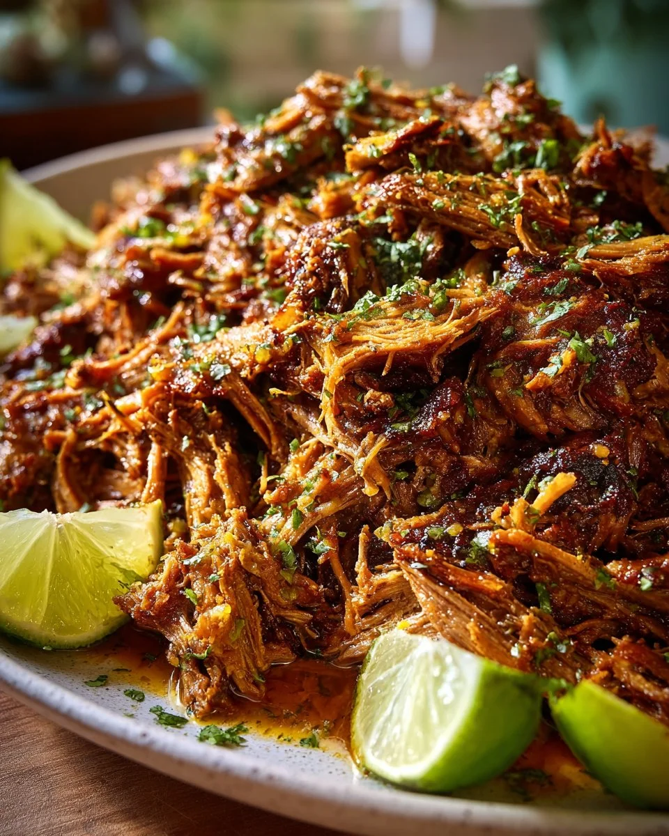 Citrusy Garlicky Mojo Beef served on a plate, garnished with herbs.