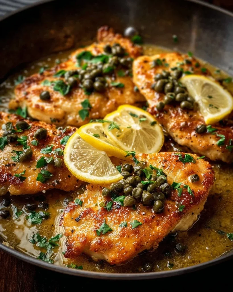 Plate of classic chicken piccata garnished with capers and lemon slices