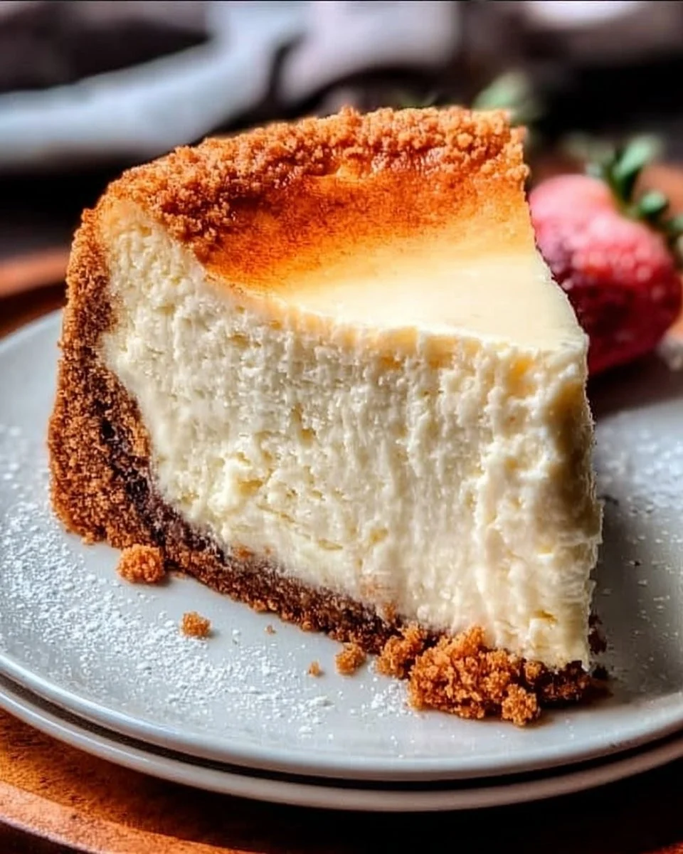 Delicious slice of classic New York cheesecake with graham cracker crust