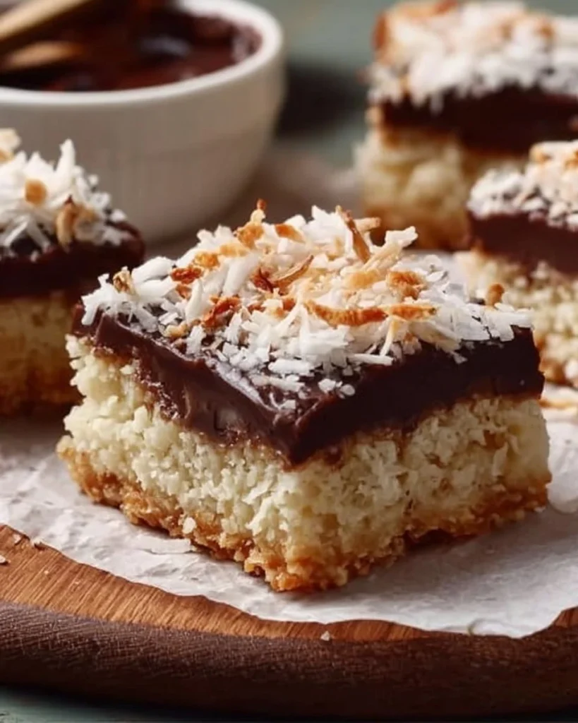 Delicious Coconut Dream Bars topped with coconut flakes and drizzled with chocolate