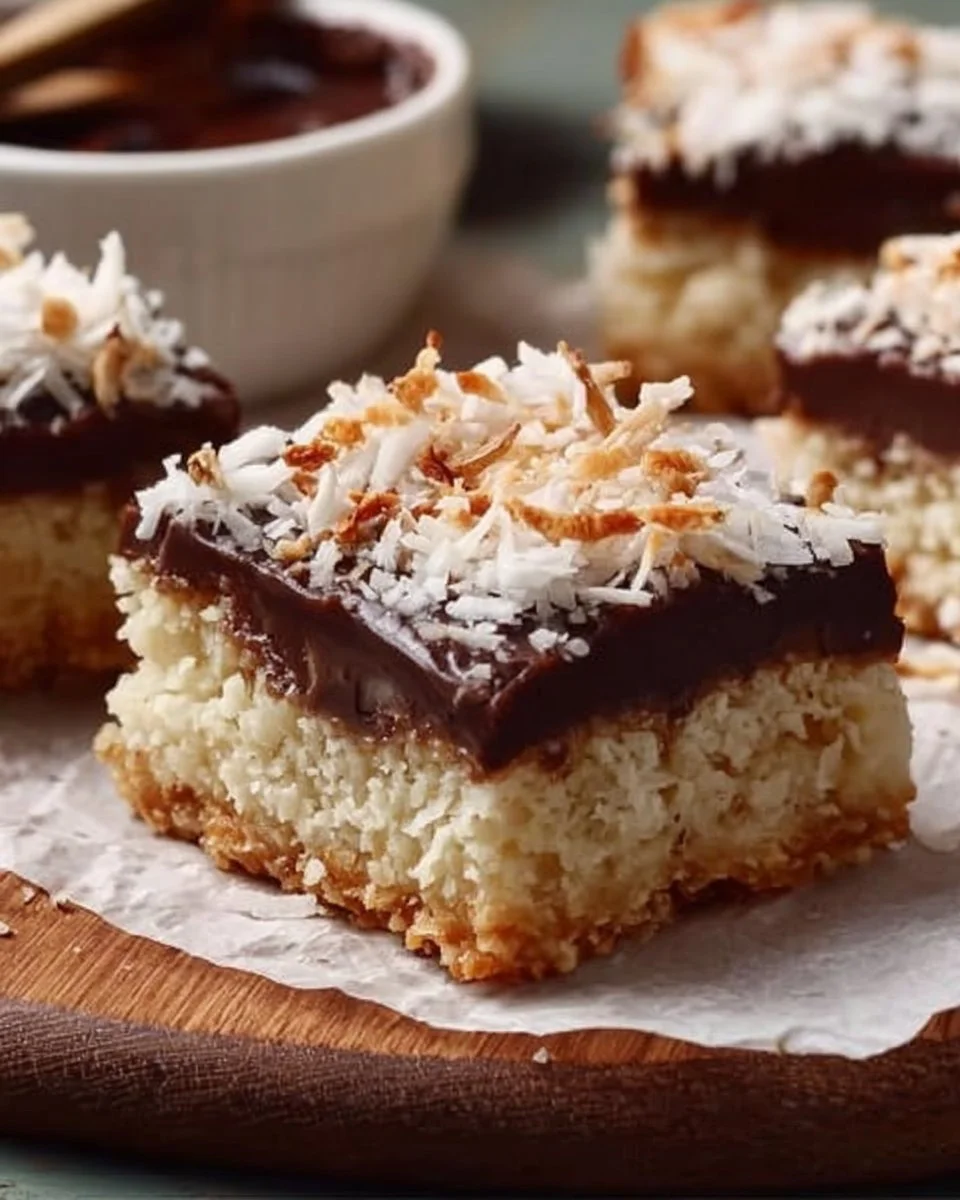 Delicious Coconut Dream Bars topped with coconut flakes and drizzled with chocolate