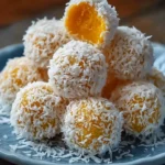 Coconut Mango Bliss Balls, a healthy snack made with coconut and mango.