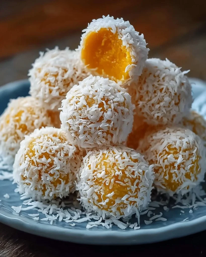 Coconut Mango Bliss Balls, a healthy snack made with coconut and mango.