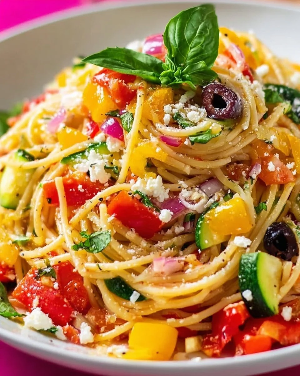A refreshing cold Italian spaghetti salad served in a colorful bowl with fresh vegetables.