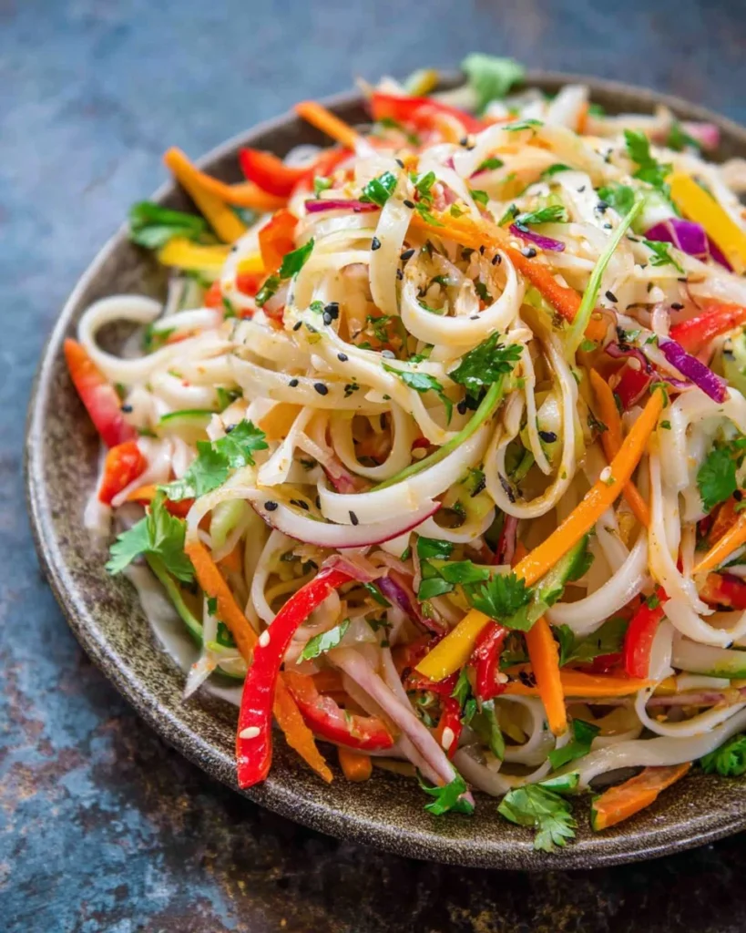Fresh cold Thai noodle salad with colorful veggies and herbs