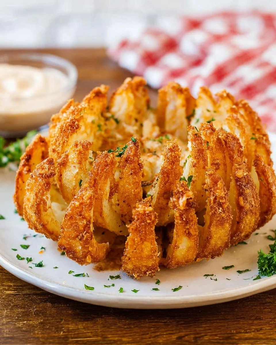 Homemade Bloomin Onion served with dipping sauce