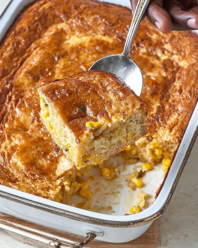 Delicious corn pudding casserole served in a baking dish with garnish