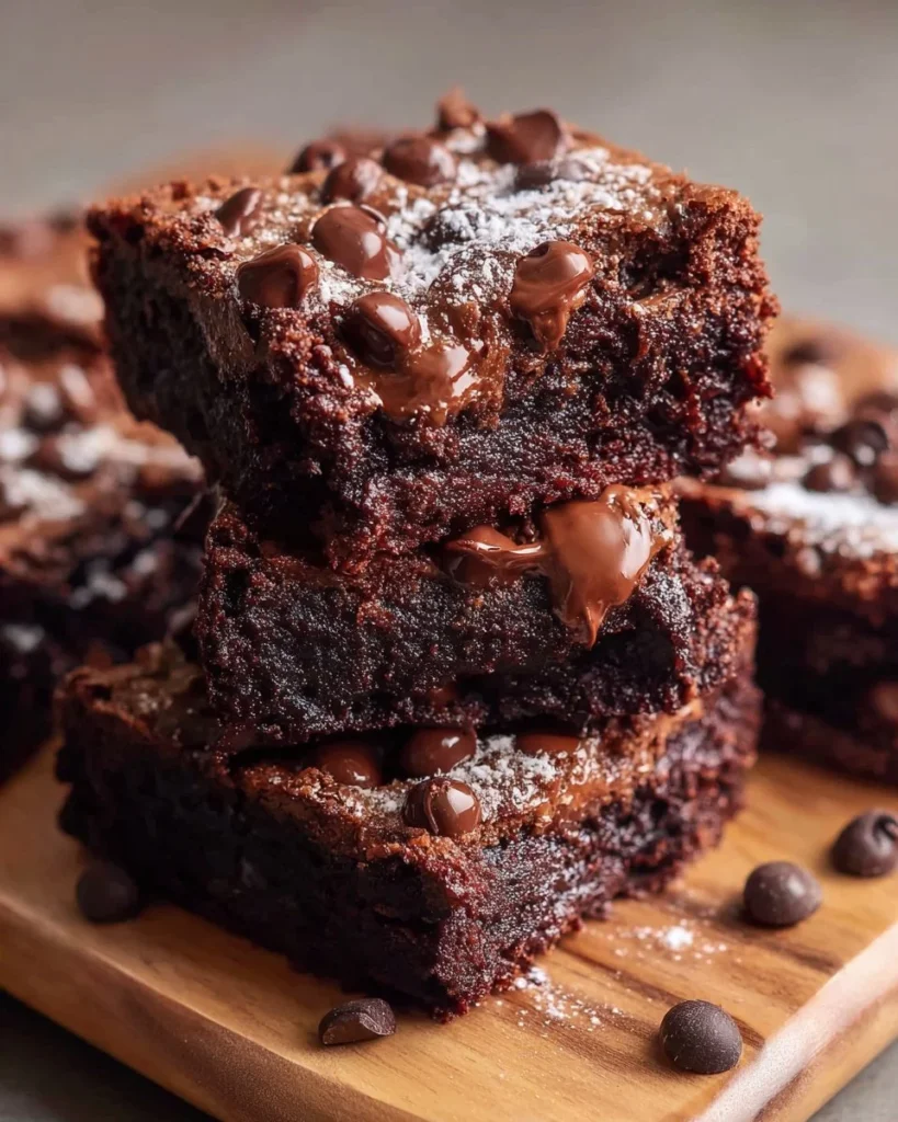Delicious cottage cheese brownies on a white plate with chocolate drizzle