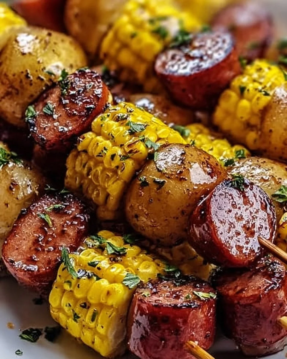 Cowboy Butter Kielbasa and Potato Skewers ready for grilling.