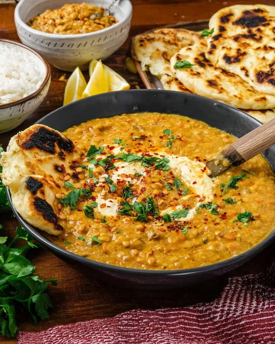 Cozy homemade lentil curry dish served in a bowl, ideal for quick family meals.