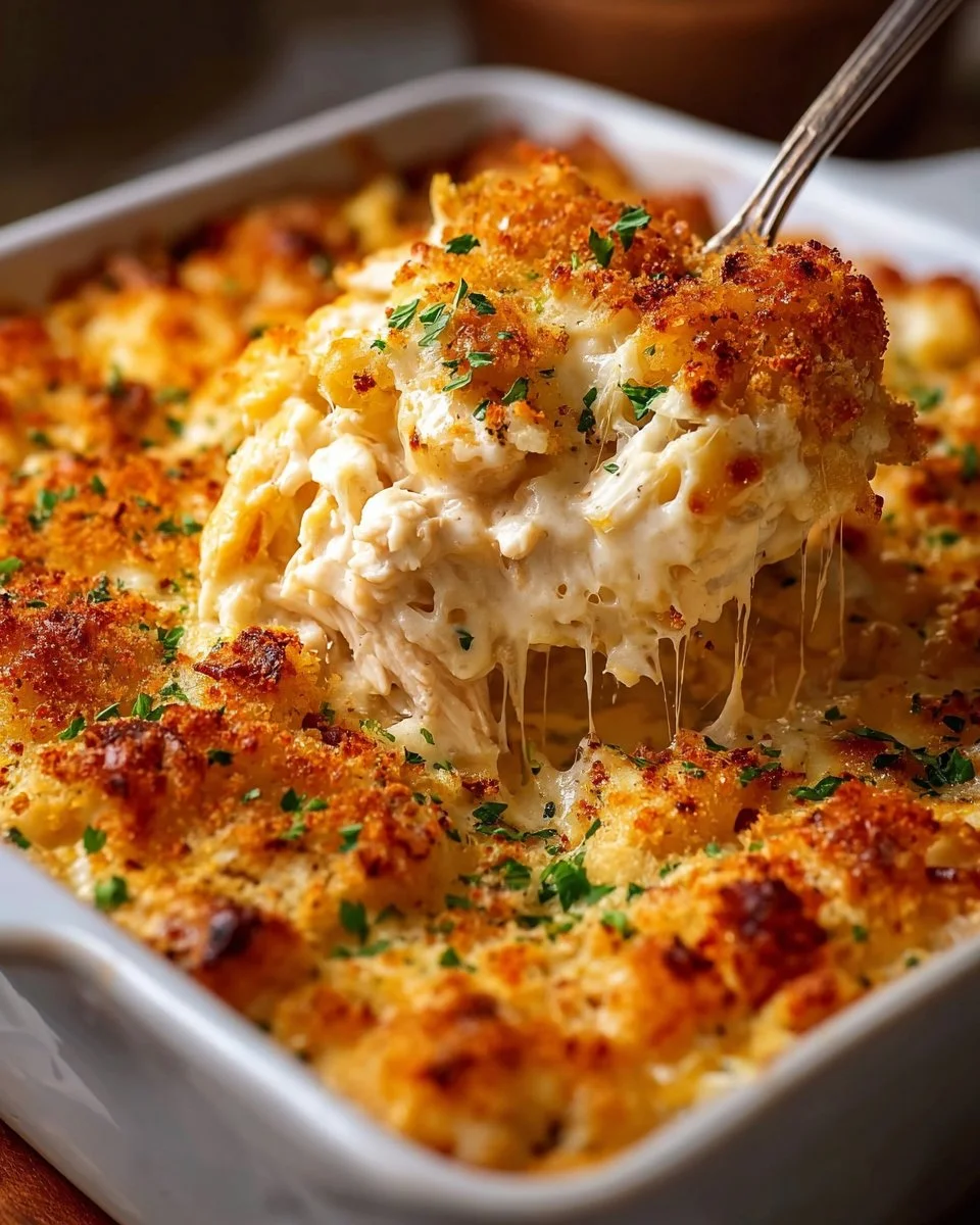 Delicious Million Dollar Chicken Casserole topped with cheese and herbs