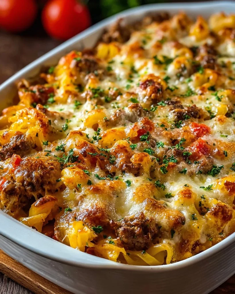 Delicious beef casserole with pasta and cheese - comfort food at its best