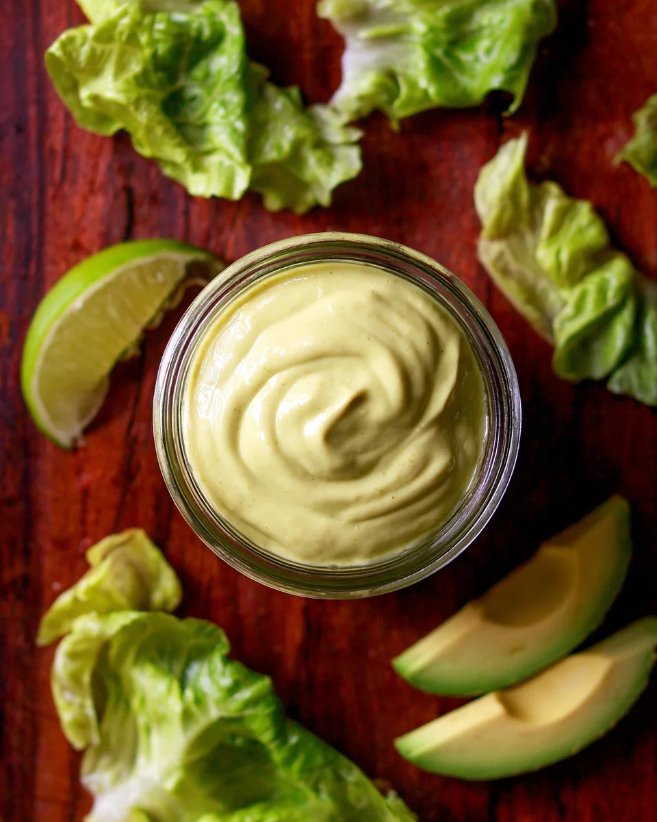 Creamy avocado dressing made with lime zest and fresh avocados.