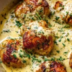 Creamy baked chicken thighs garnished and ready to serve