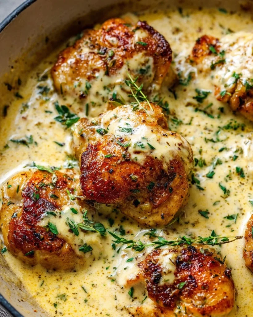 Creamy baked chicken thighs garnished and ready to serve